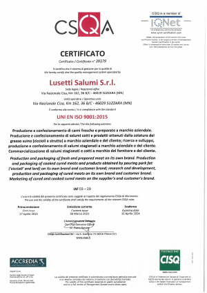 Lusetti Salumi Certificazione ISO 9001
